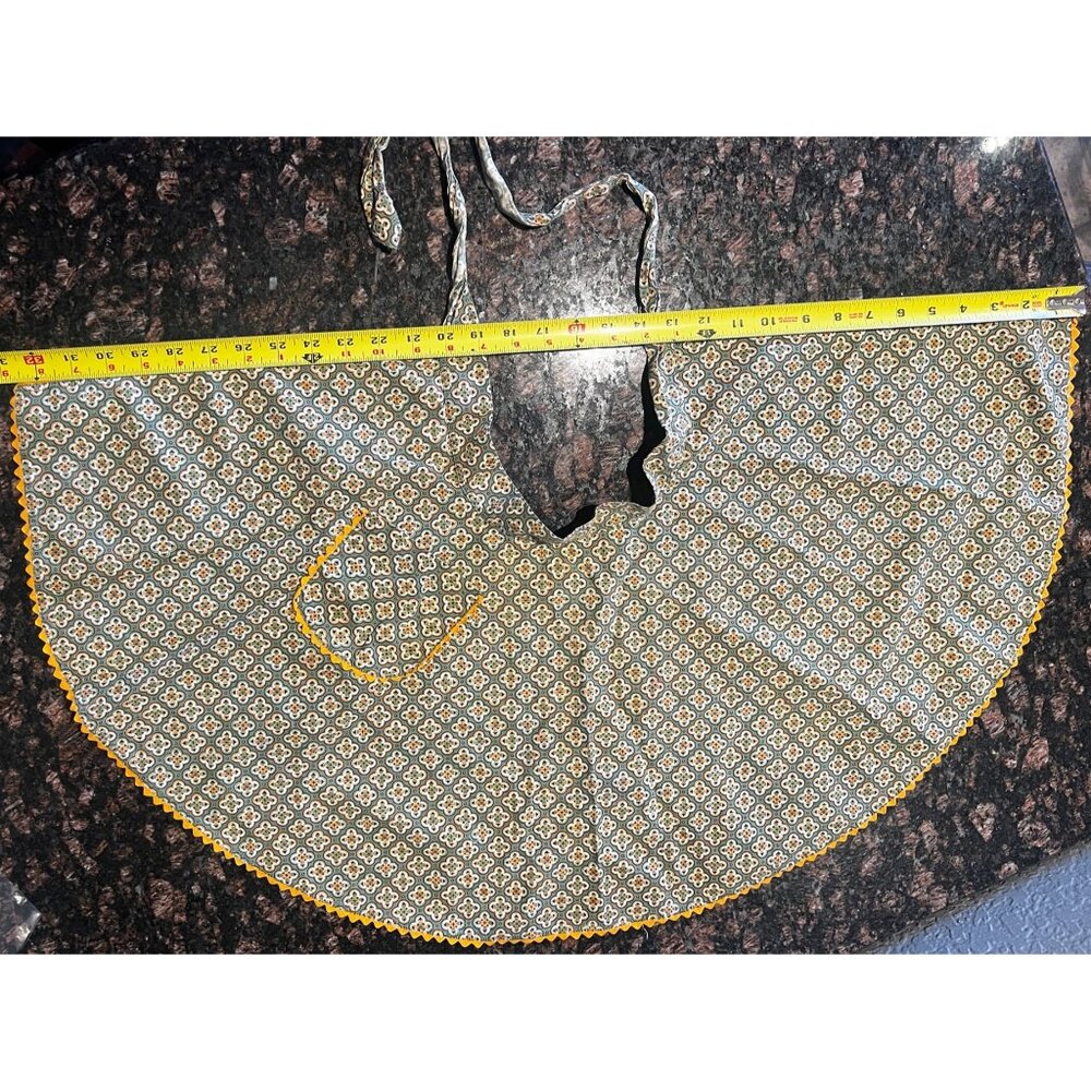 Vintage Half Apron With Pocket & Yellow Trim Green & Orange Floral Design Cotton